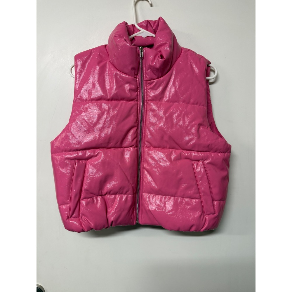 Ambiance Outerwear Womens Large Pink Patent Puffer Vest Shiny Quilted Zip Jacket